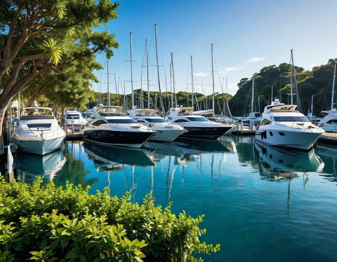 A serene marina scene with luxurious yachts gently bobbing in sparkling blue waters, surrounded by lush greenery. Showcase a knowledgeable insurance agent discussing with a yacht owner, with a backdrop of financial documents and a digital tablet displaying insurance options. Include a hint of nautical elements like ropes and compasses to emphasize marine insurance. Soft sunlight casting warm tones for an inviting atmosphere. super-realistic. vibrant colors. 3D.