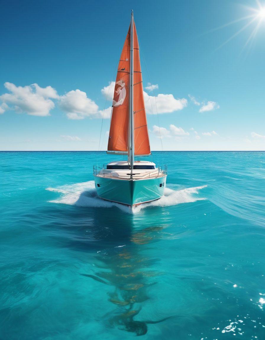A serene yacht navigating through calm turquoise waters under a bright blue sky, emphasizing a feeling of freedom and adventure. Surrounding it, subtle symbols of key insurance coverage options like a shield, a lifebuoy, and sailing flags integrated into the waves. The yacht should have a sleek and modern design, showcasing luxury. super-realistic. vibrant colors. 3D.