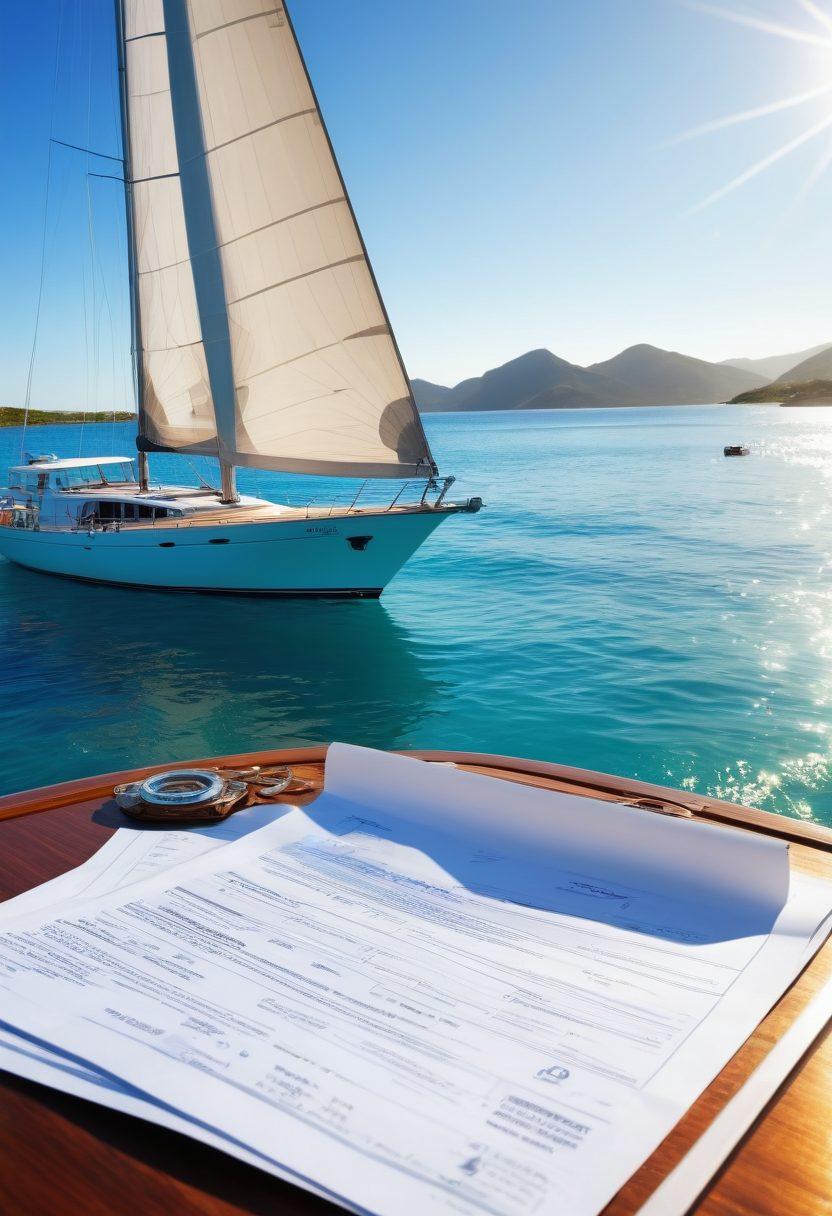 A luxurious yacht anchored in a serene harbor, surrounded by clear blue waters and gentle waves, with a backdrop of sunlit islands in the distance. The yacht is adorned with insurance documents fluttering in the breeze, symbolizing protection. Bright sun rays illuminate the scene, creating a sense of wealth and tranquility. Include elements of nautical accessories like life vests, ropes, and compasses around the yacht. vibrant colors. super-realistic. bright background.